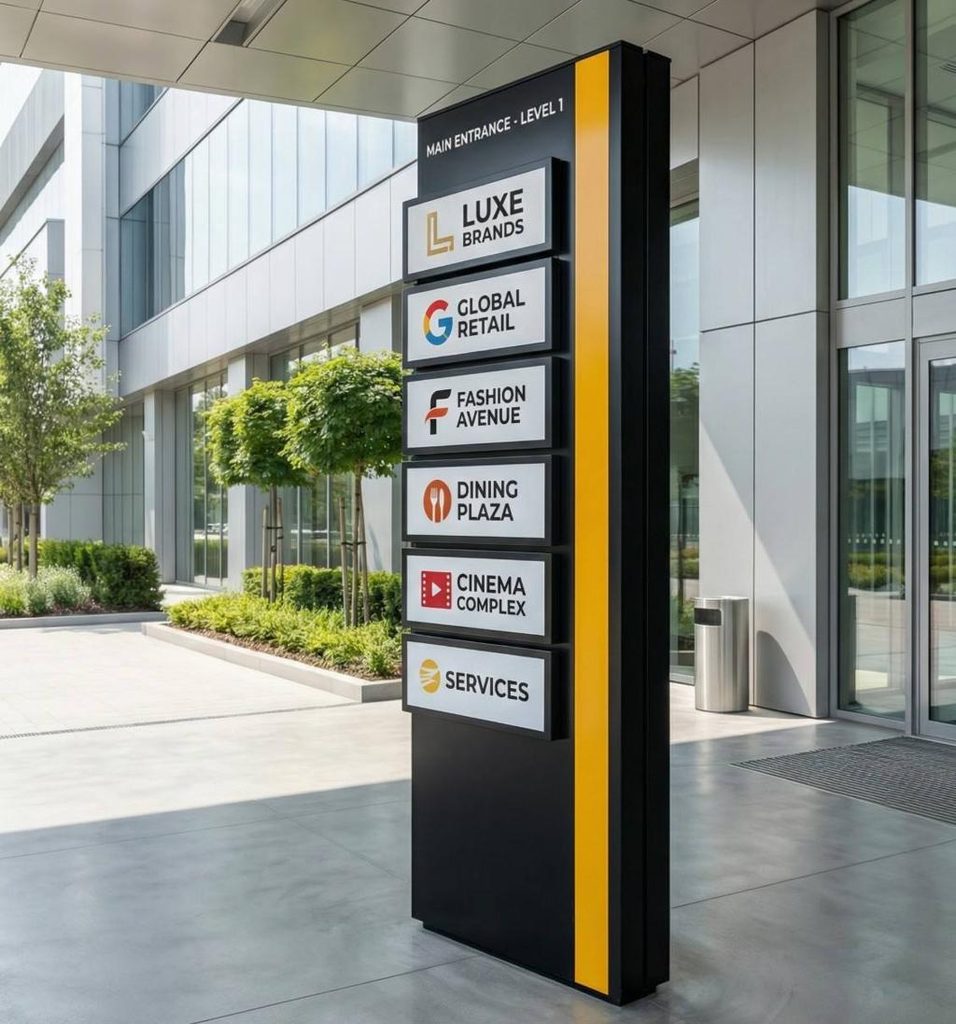 Outdoor signage featuring a freestanding directional sign at a commercial property entrance in Dubai, helping visitors navigate the location and find businesses easily.