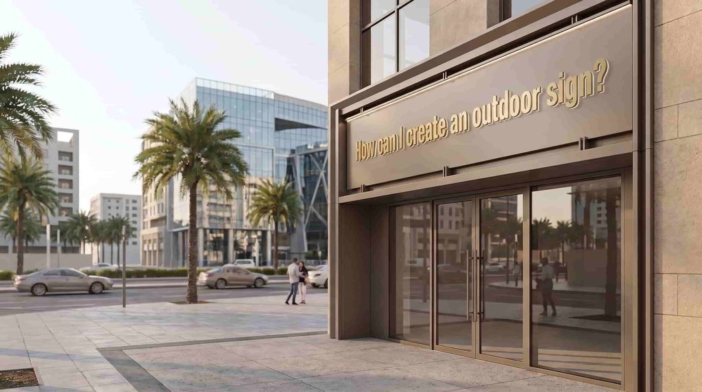 Modern commercial storefront with a large outdoor sign reading “How can I create an outdoor sign?” above glass entrance doors, set against a contemporary urban streetscape with palm trees, office buildings, and a paved sidewalk in Dubai.
